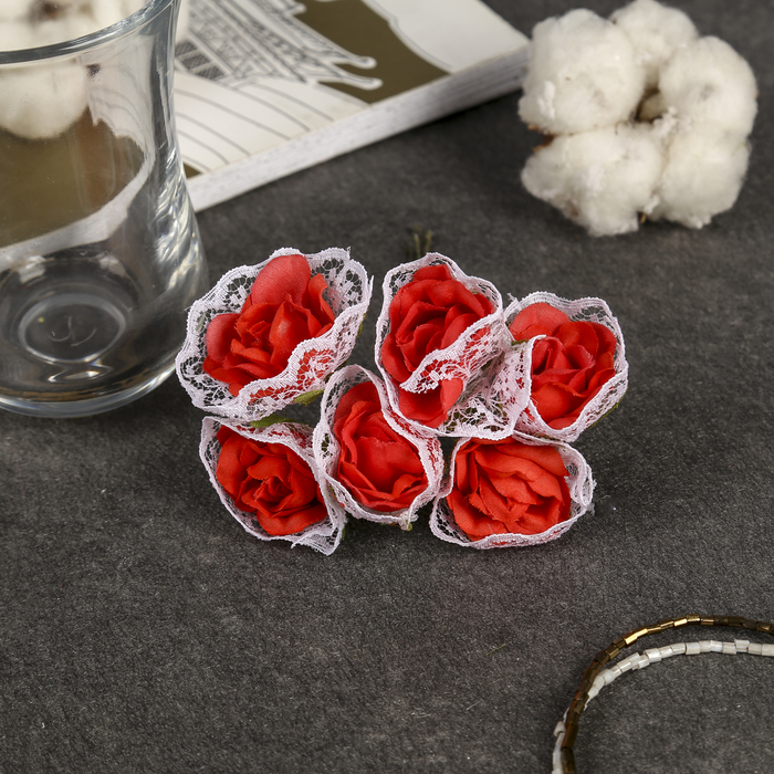 Декор для творчества "Розы в кружевах" (набор-букет 6 цветков) 11 см d=3 см МИКС
