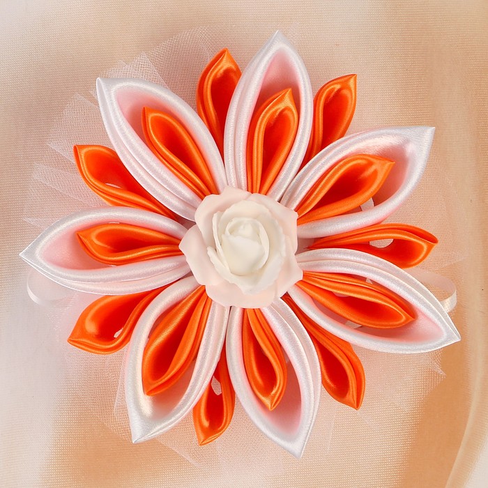 Бант свадебный для декора «Канзаши» D 15 см Угловой с фатином 1 шт, цвет оранжевый