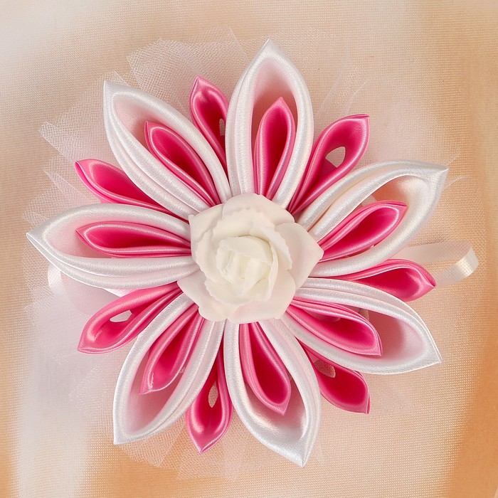 Бант свадебный для декора «Канзаши» D 15 см Угловой с фатином 1 шт, цвет ярко-розовый