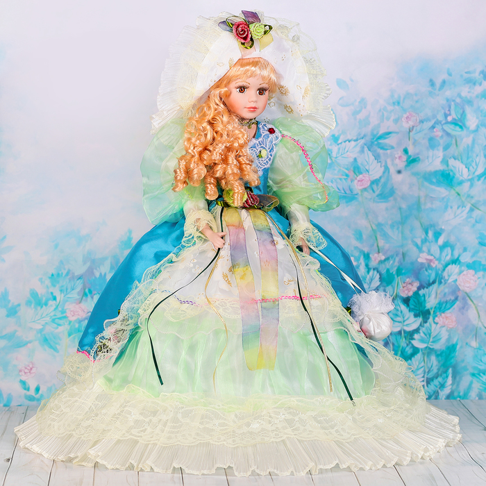 Кукла зонтик коллекционная керамика "Милада в синем бальном платье" 55 см