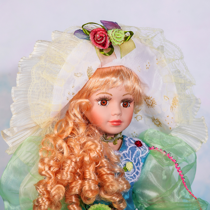 Кукла зонтик коллекционная керамика "Милада в синем бальном платье" 55 см