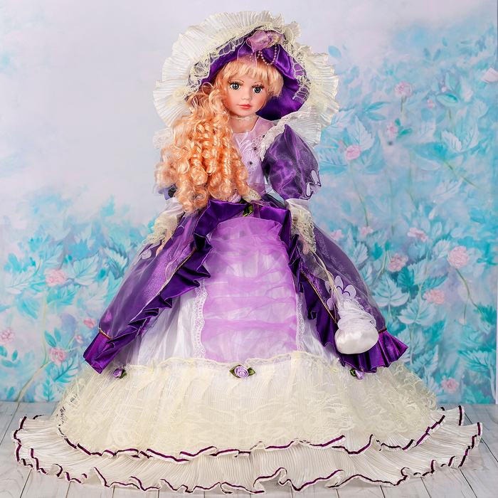 Кукла зонтик коллекционная керамика "Анабэль в светло-фиолетовом платье" 55 см