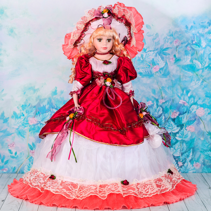 Кукла зонтик коллекционная керамика "Розали в бордовом платье" 55 см