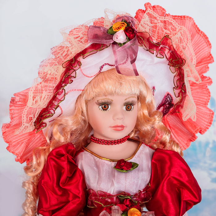 Кукла зонтик коллекционная керамика "Розали в бордовом платье" 55 см