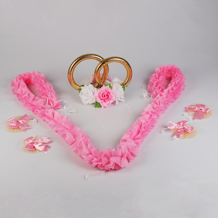 Набор для украшения автомобиля:кольца на крышу, 4 банта, Vобразная лента на капот 3м,розовый