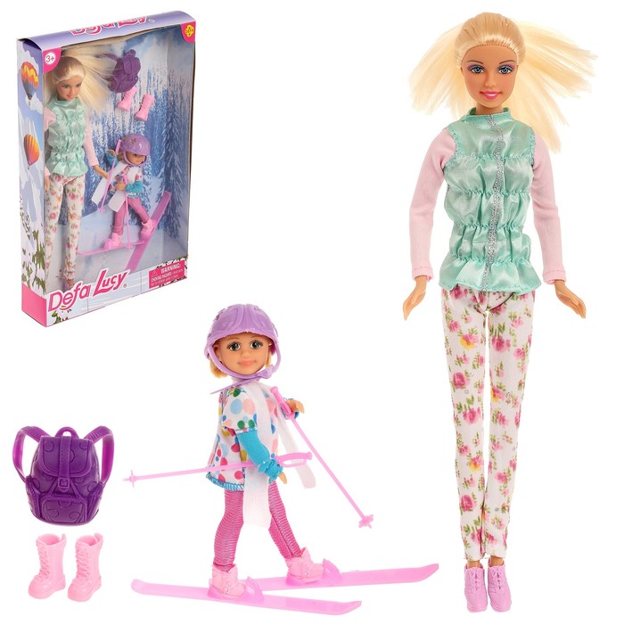 Кукла модель "Лена" с малышкой на лыжах, с аксессуарами, МИКС