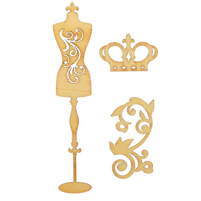 Вырубка д/скрапбукинга "Ассорти" набор 3шт (манекен 10см,корона 3,2см,завиток 4,5см)
