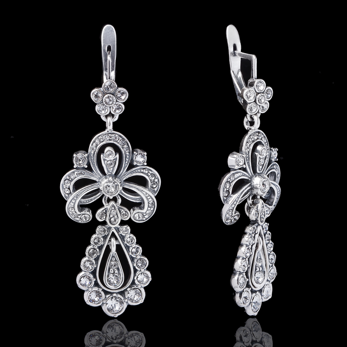 Серьги "Старая Русcа", цвет белый в чернёном серебре