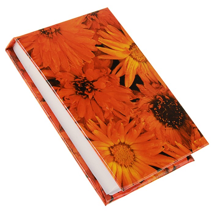 Блокнот А7, 70 листов на клею "Оранжевые цветы", твердая обложка, глянцевая ламинация