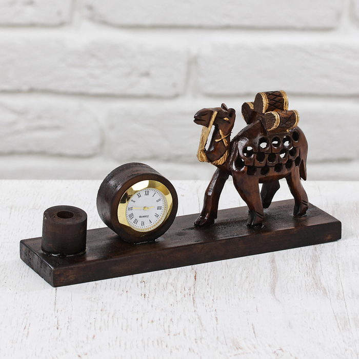 Подставка под ручку с часами дерево "Верблюд" 10х19х6,5 см