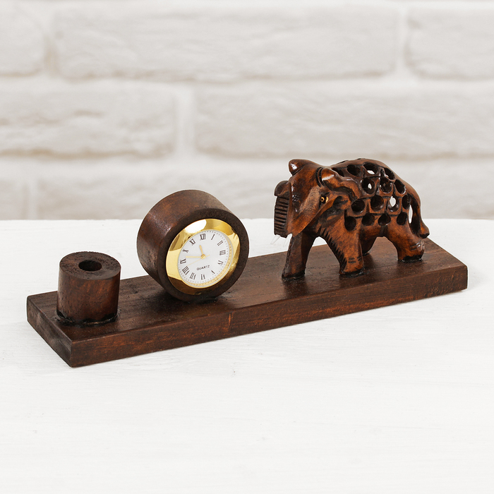 Подставка под ручку с часами дерево "Слон" 7х19х5,5 см