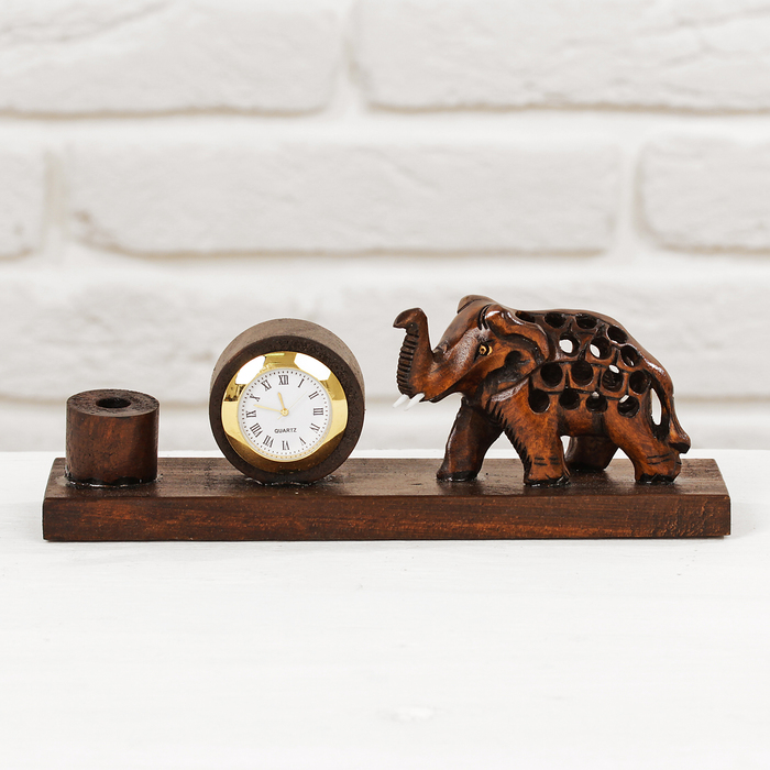 Подставка под ручку с часами дерево "Слон" 7х19х5,5 см