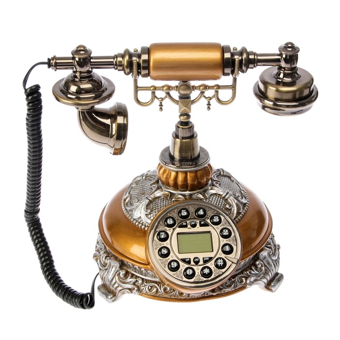 Телефон ретро полистоун. Медный на круглой подставке с металлической резьбой 24*19 см