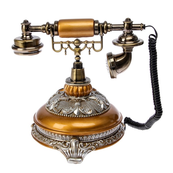 Телефон ретро полистоун. Медный на круглой подставке с металлической резьбой 24*19 см