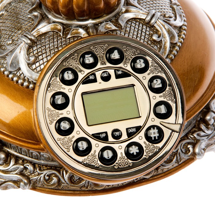 Телефон ретро полистоун. Медный на круглой подставке с металлической резьбой 24*19 см