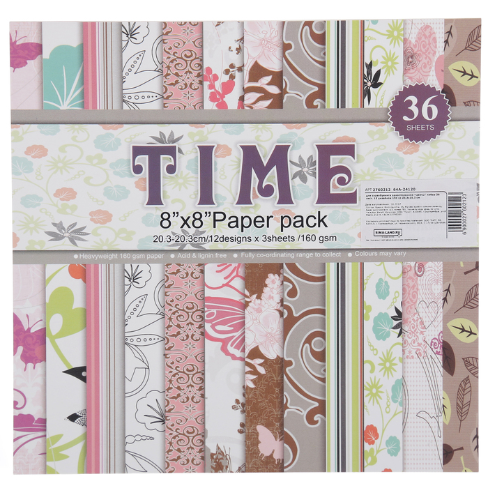 Бумага для скрапбукинга односторонняя "Цветы" набор 36 лист. 12 дизайнов 160гр 20,3х20,3см