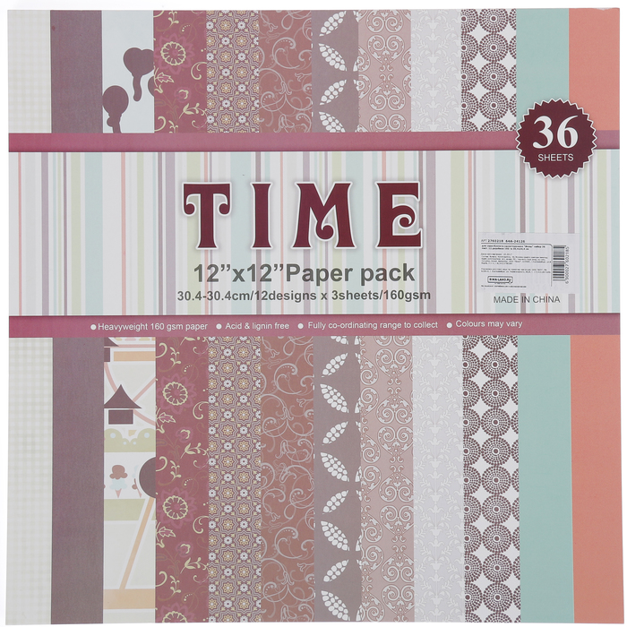 Бумага для скрапбукинга односторонняя "Фоны" набор 36 лист. 12 дизайнов 160 гр 30,4х30,4см