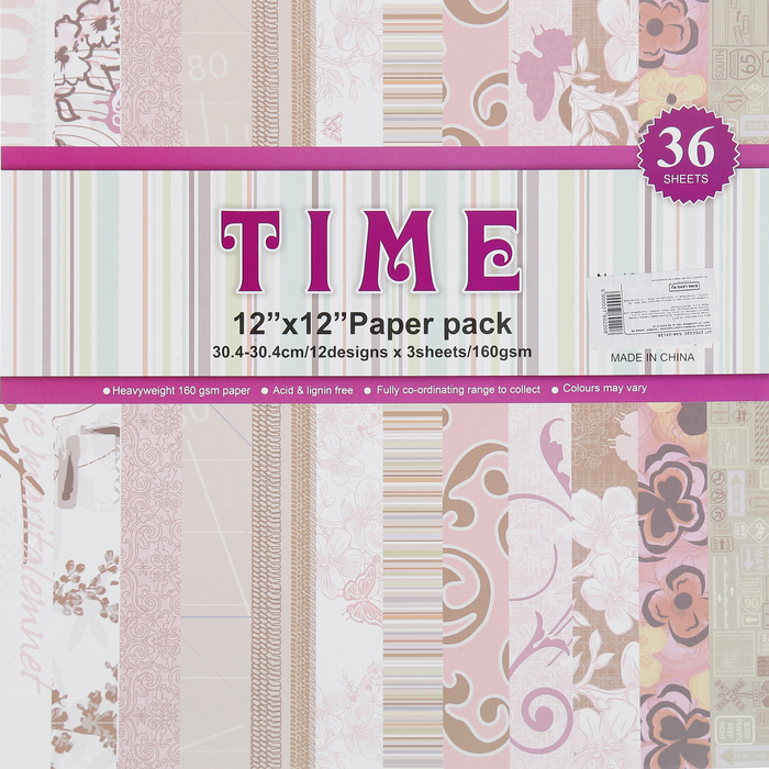 Бумага для скрапбукинга односторонняя"Шебби" набор 36 лист. 12 дизайнов 160гр 30,4х30,4см