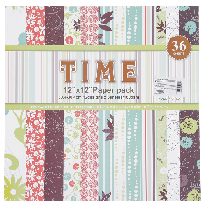 Бумага для скрапбукинга односторонняя "Цветы" набор 36 лист. 12 дизайнов 160гр 30,4х30,4см