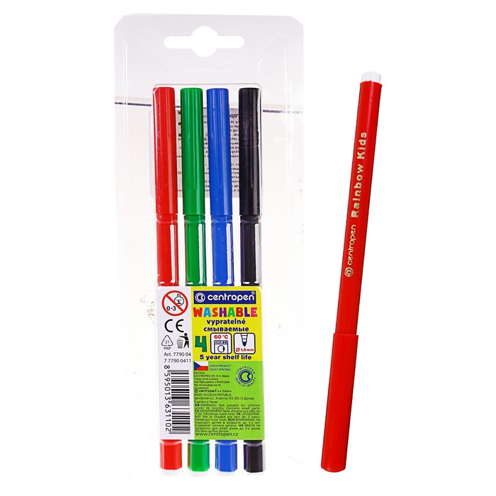 Фломастеры смываемые Centropen Washable 7790/04, 1,0 мм, 4 цветов, в блистере