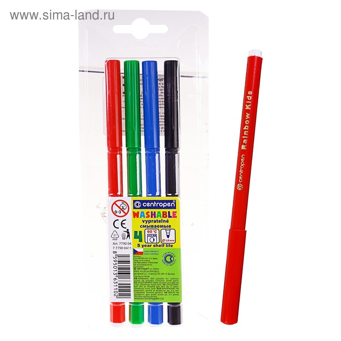 

Фломастеры 4 цвета, Centropen 7790/04 Washable, 1.8 мм - пишущий узел, линия письма 1.0 мм, блистер, европодвес