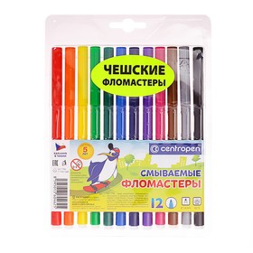 Фломастеры 12 цветов, Centropen 7790/12 Washable, блистер, европодвес, линия 1.0 мм