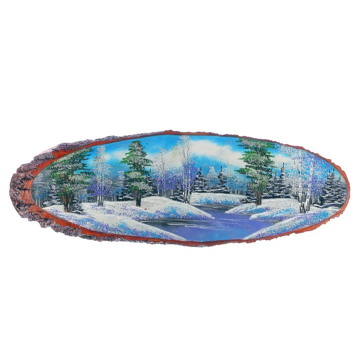 Картина - срез дерева "Зима", 110 см, каменная крошка, горизонтальная