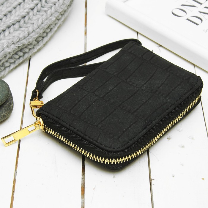 Кошелёк женский на молнии, 2 отдела, для карт, монет, с ручкой, цвет чёрный