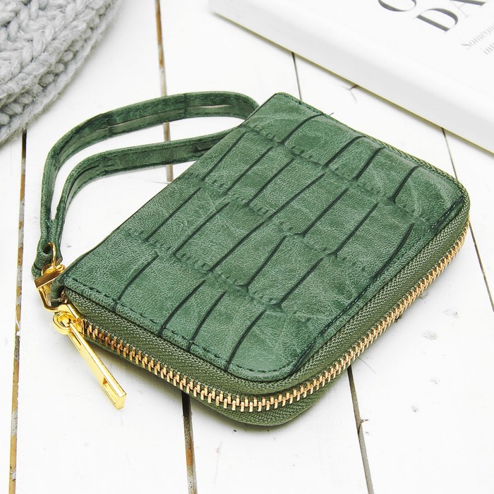 Кошелёк женский на молнии, 2 отдела, для карт, монет, с ручкой, цвет зелёный