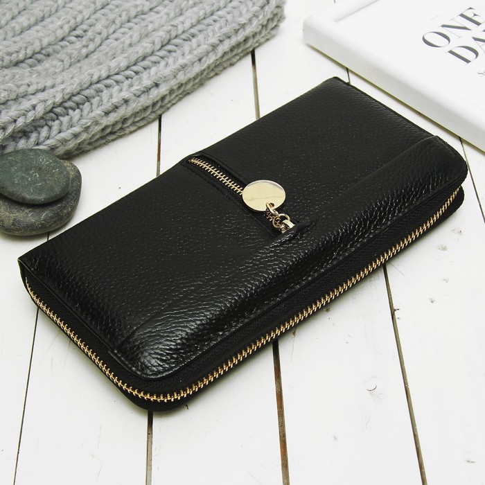 Кошелёк женский на молнии, 3 отдела, для карт, монет, цвет чёрный