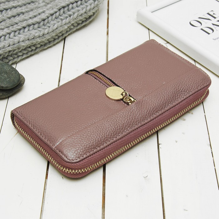 Кошелёк женский на молнии, 3 отдела, для карт, монет, цвет пудра