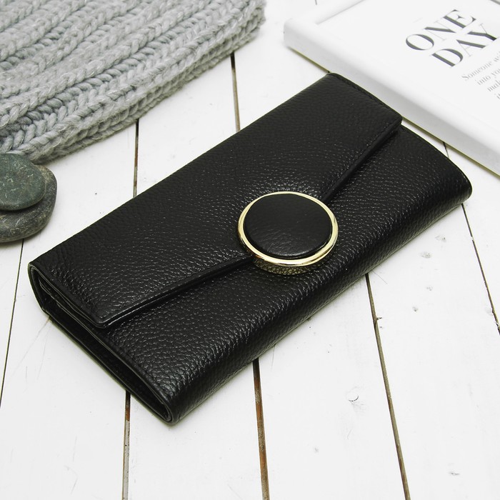 Кошелёк женский на клапане, 3 отдела, для карт, монет, цвет чёрный