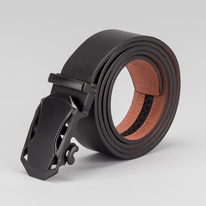 Ремень мужской, гладкий, пряжка - автомат чёрный металл, ширина - 3,5 см, цвет чёрный