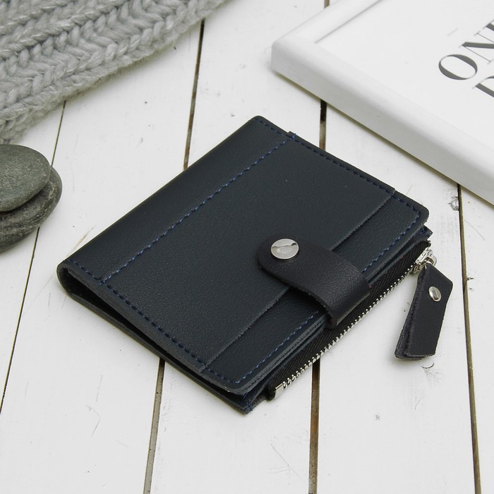 Кошелёк женский на кнопке, 2 отдела, отдел для карт, монет, наружный карман, цвет тёмно-синий