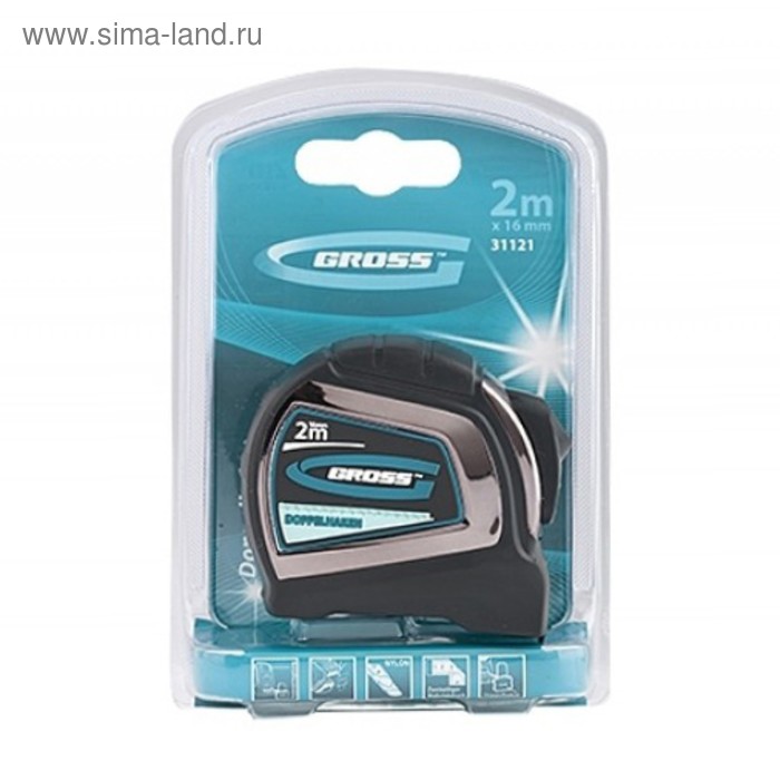 

Рулетка GROSS Doppelhaken, 2 м × 16 мм, нейлоновая, двухсторонняя шкала