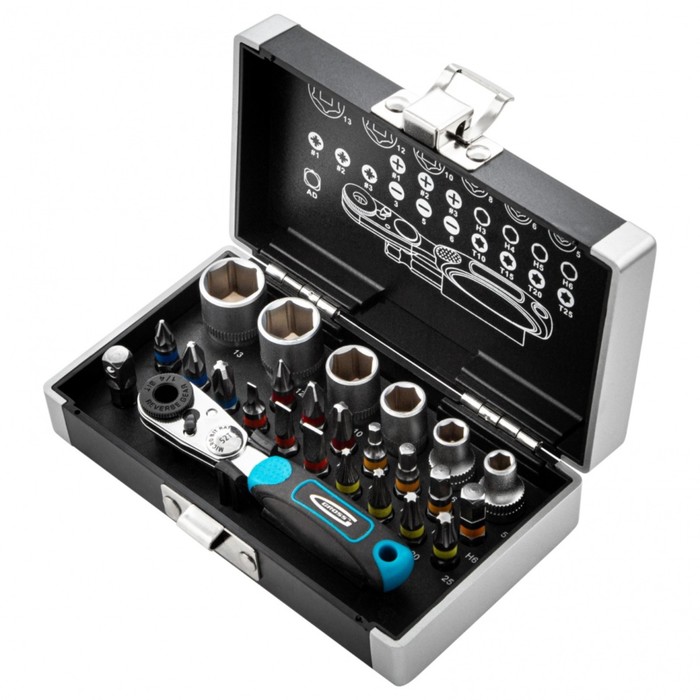 Набор бит и головок торцевых GROSS, 1/4", магнитный адаптер, сталь S2, кейс, 26 предметов