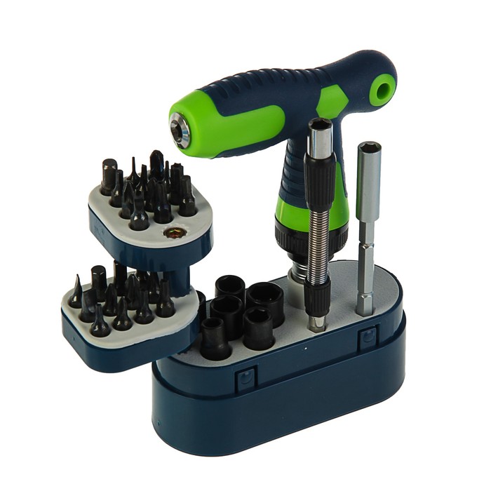 Отвёртка с набором бит и головок "СИБРТЕХ", CrV, Т-образная, реверсивная, 33 предмета