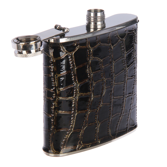 Фляжка 180 мл, кожзам, под крокодила, чёрная, 8.5х9.5 см