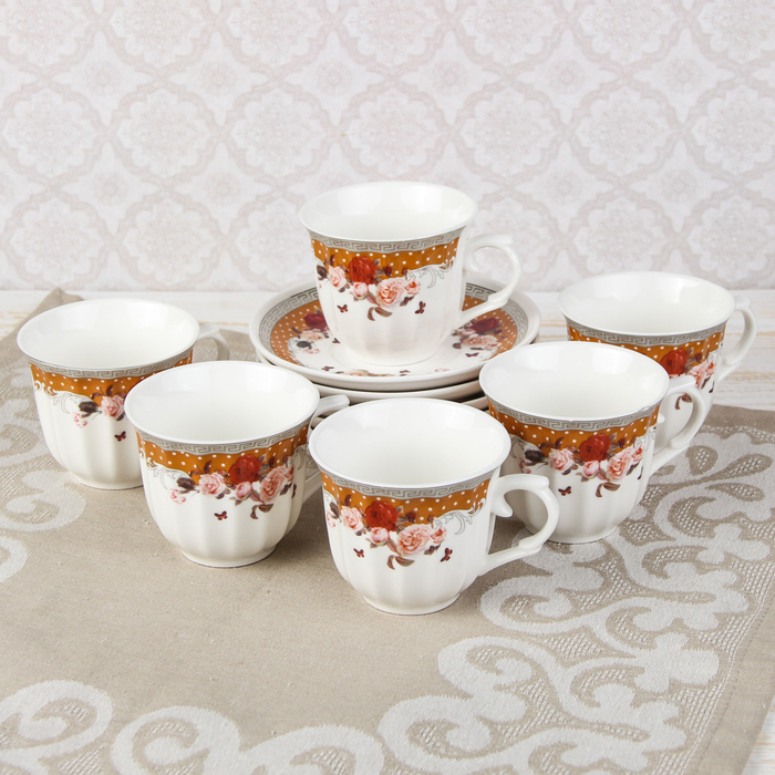 Сервиз чайный "Анфиса", 12 предметов: 6 чашек 180 мл, 6 блюдец 13 см, цвет коричневый МИКС УЦЕНКА