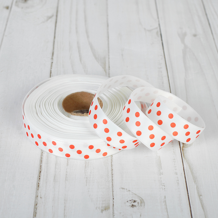 Лента атласная "Горошек", двусторонняя, 17мм, 25±1м, цвет бело-красный