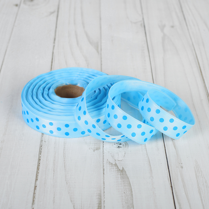 Лента атласная "Горошек", двусторонняя, 17мм, 25±1м, цвет голубой