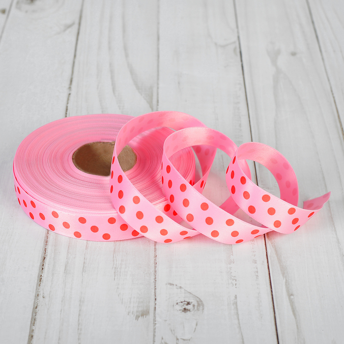 Лента атласная "Горошек", двусторонняя, 17мм, 25±1м, цвет розово-красный