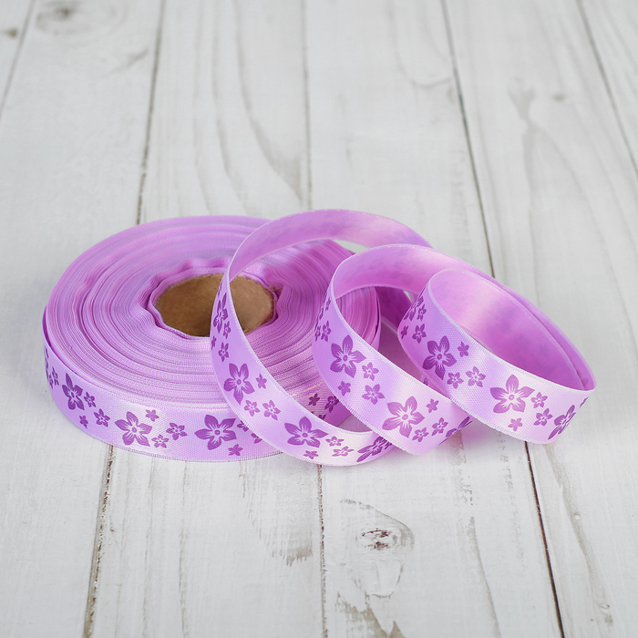 Лента атласная "Цветочки", двусторонняя, 17мм, 25±1м, цвет сиренево-фиолетовый