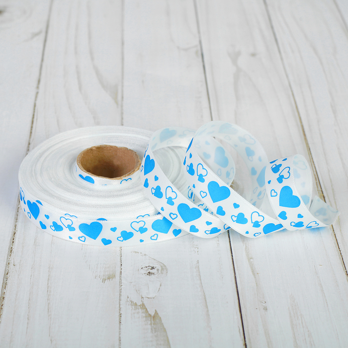 Лента атласная "Сердечки", двусторонняя, 17мм, 25±1м, цвет бело-голубой