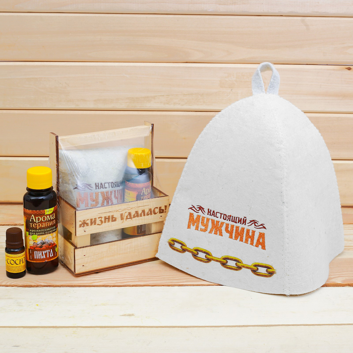 Банный набор в ящике "Жизнь удалась": шапка, аромамасло и ароматизатор