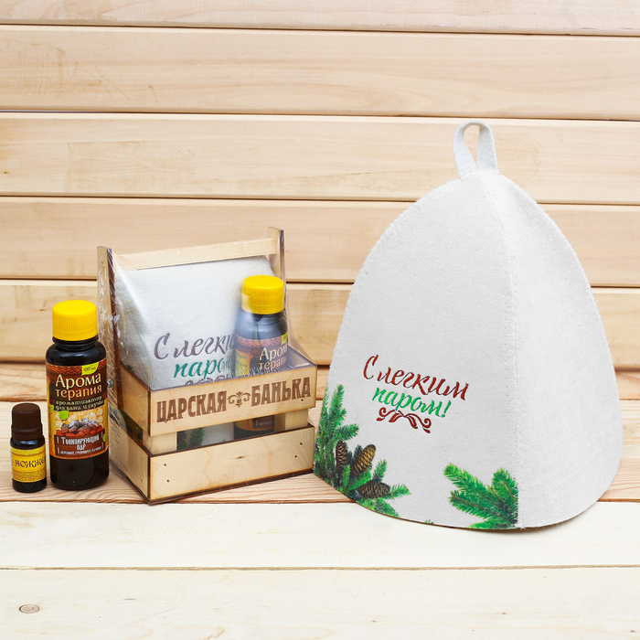Банный набор в ящике "Деревенская банька": шапка, аромамасло и ароматизатор