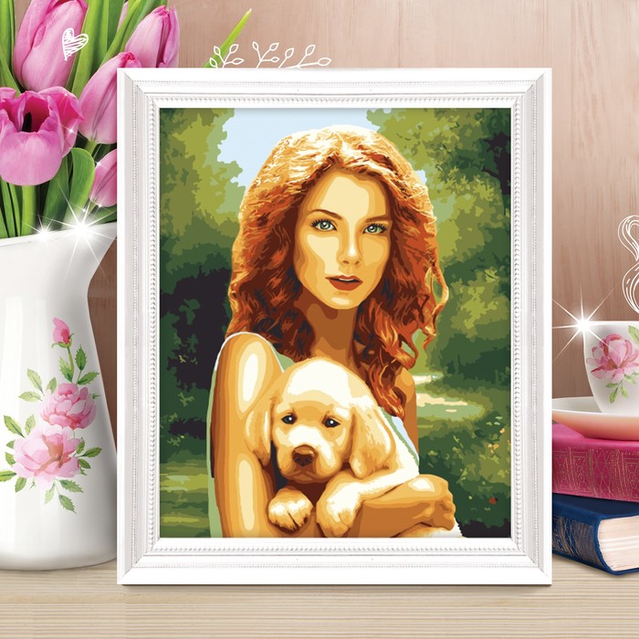 Роспись по номерам без подрамника "Девушка со щенком", 40 х 50 см
