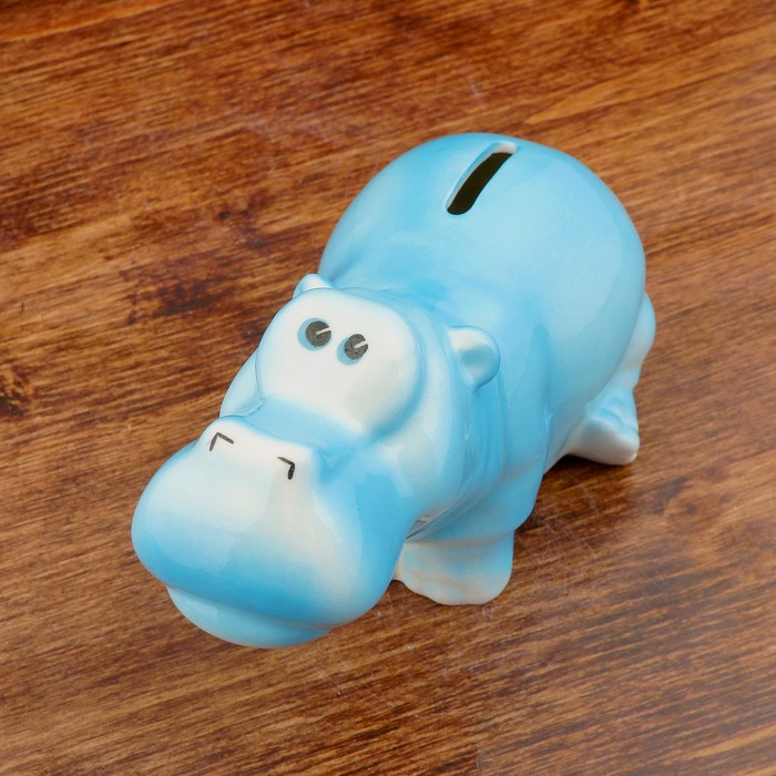 Копилка фарфоровая  "Бегемотик", голубой, 9x8x16 см