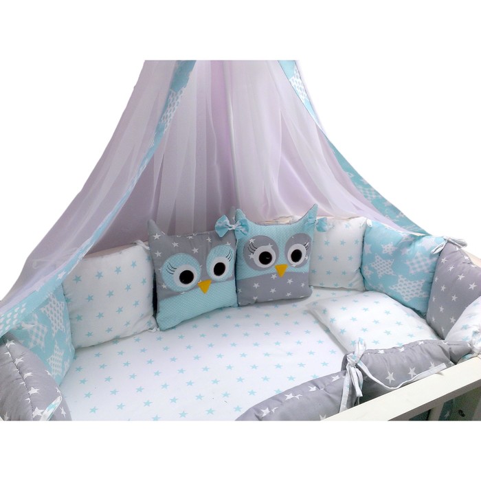 Комплект в кроватку (22 предмета) Incanto, универс. "Совушки", голубой, хлопок 100%