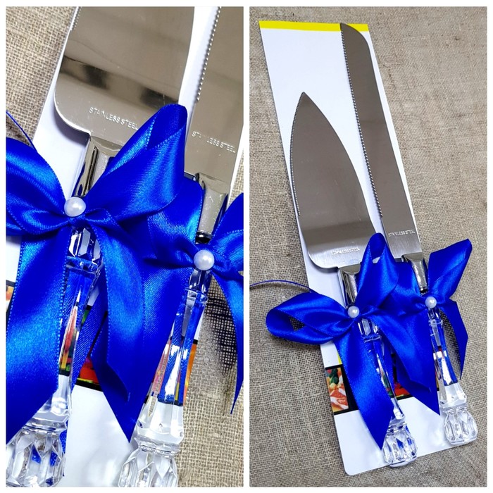 Набор "Свадебный" для торта с синим бантом: нож и лопатка